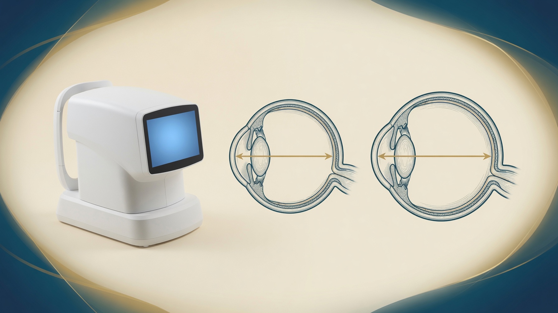 Comparison of a normal eye and an elongated myopic eye beside an ocular biometer at Guildford Eye Clinic in Surrey