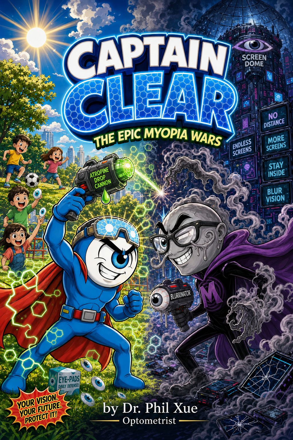Captain Clear: The Epic Myopia Wars, by Dr. Phil Xue. A free gift for every child enrolled in the Myopia Control program.